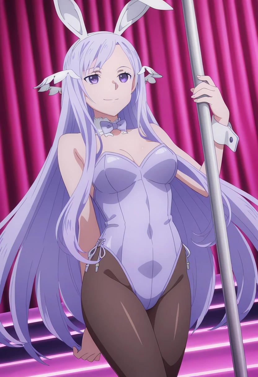 1girl, alone, miku Izayoi, retailer, good lighting, masterpiece, best quality, long hair, blue-purple hair, blue-purple eyes, big breasts, medium waist, wide hips, medium thighs, round ass, absurd, playboy bunny outfit teal purple, black headband, black bunny ears, black pantyhose, standing, smile, dressing room, indoor, , earrings, choker, sexy body, sexy, seductive posture, hand on the chest, looking at the viewer, head on, focus on the breasts, pov (from above), perfect anatomy, perfect hands.