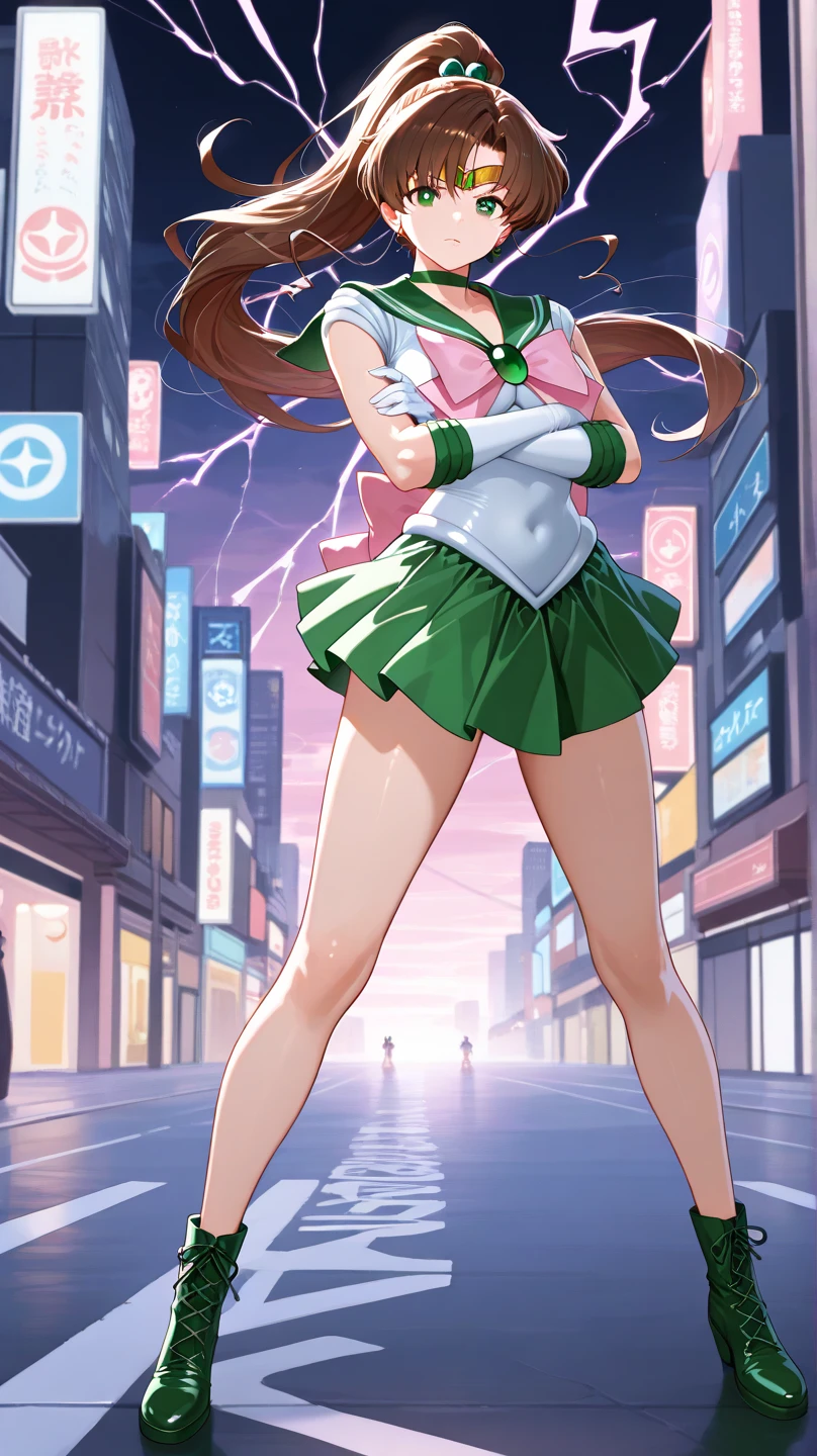 masterpiece、high quality、High resolution、Realistic、professional lighting、Japanese、500 foot tall giant woman、cute、Beauty、young、White skin、slender、Big Breasts、Sailor Jupiter、Makoto Kino、Ham Jupiter, Green Eyes, Brown Hair, ponytail, tiara, jewelry, Sailor Warrior Uniforms, Green sailor collar, Green choker, White elbow gloves, Pink ribbon on the chest, brooch, leotard, mini skirt, Green Skirt, White panties, Green short boots, Embarrassed, City of Giants，Skyscrapers, bustling street, (((Shibuya Scramble Crossing))), (((crowd))), crowd, Has super long legs, night, Ground View, Anatomically correct