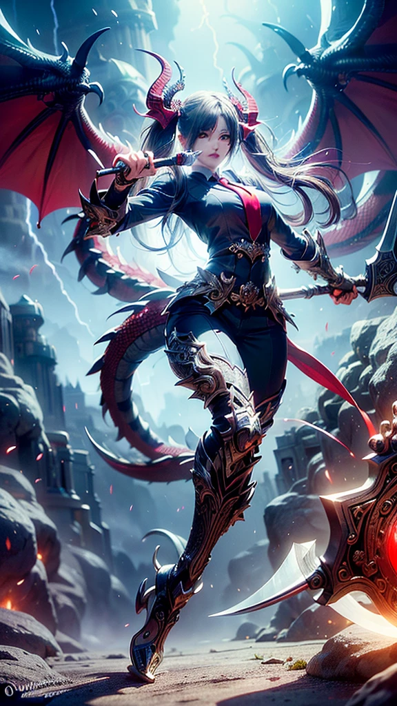 a Dragon、a female、Long face、Fantasy、Great Sword、Swing wide、Upper stance、Bikini Armor、Red hair、sexly、muscular、Full body photography