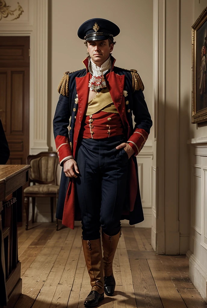 a man in a blue jacket and white pants with a cane, soldier clothing, napoleonic, 1 8 th century style, general uniform, officers uniform, a 18th century, regency-era, full uniform, xix century military outfit, 1 8 0 0 s soldier, uniform, 18th century art, carl gustav, full dress uniform, run fast, epic, warfare background, brave, shout