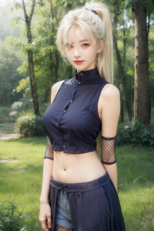(masterpiece, Highest quality:1.2), alone, One girl, yamanaka ino, smile, View your viewers, Hair on one eye, ponytail, Hair Clip, Crop top, No sleeve, skirt, Fishnet tights, Earrings, abdomen, forest