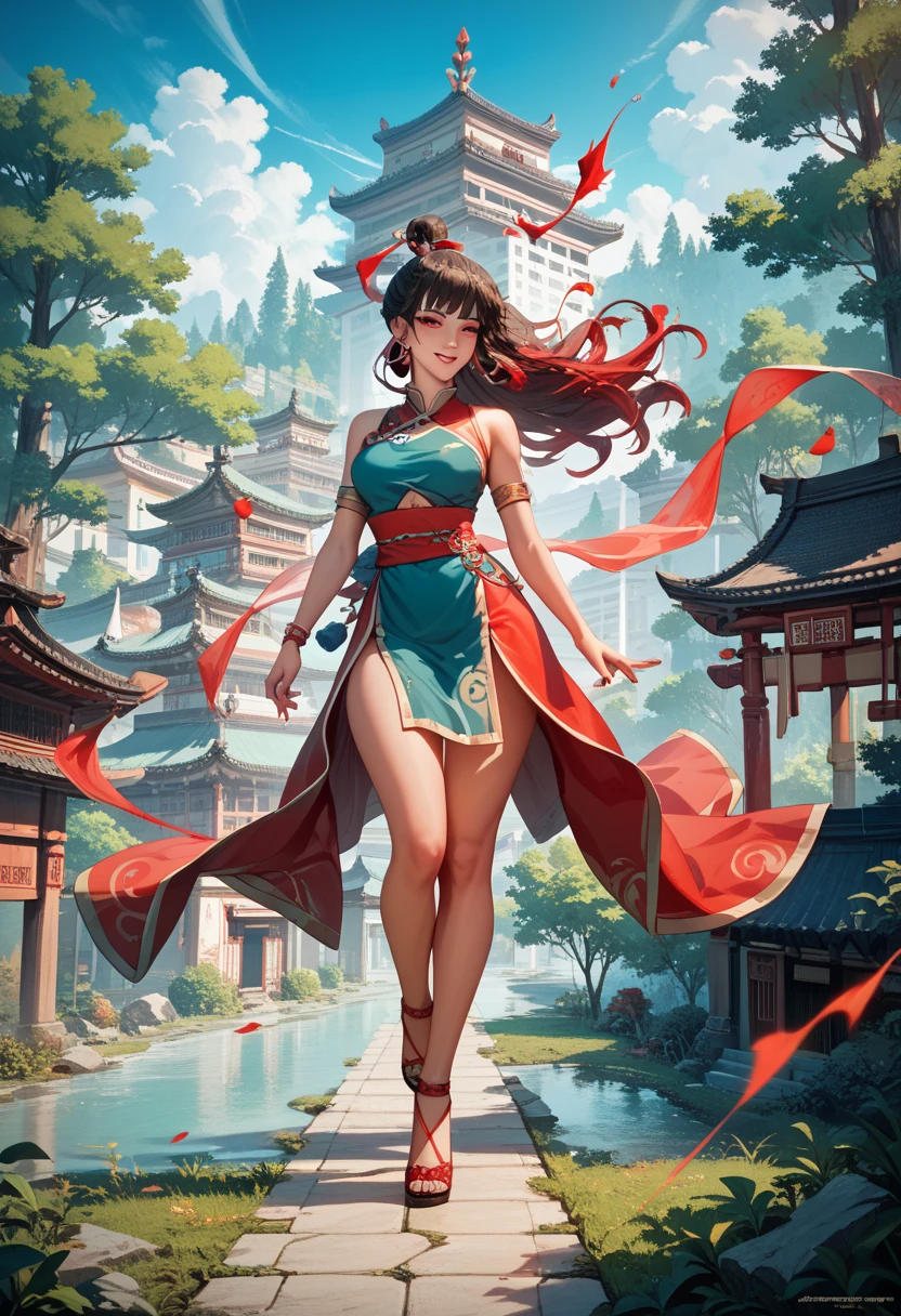 anime Kimetsu no Yaiba. Voluminous woman, Red lips, Dark red hair tied in a ponytail, Serious turquoise eyes. in a waterfall,etailed eyes, detaield hands, detailed face, elf woman, full body
