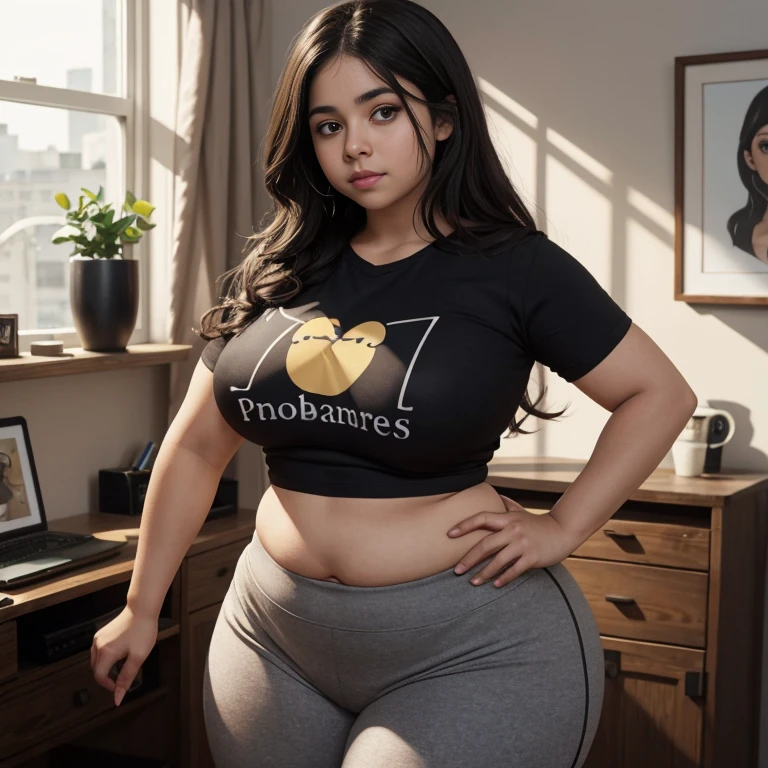 a close up of a woman wearing a crop top and leggings, thicc, she has a jiggly fat round belly, thick thigs, beautiful thick female, thick body, sexy look at the camera, tight outfit, her belly is fat and round, she has a cute face, skinny waist and thick hips, wide hips, thick glasses, tight attire