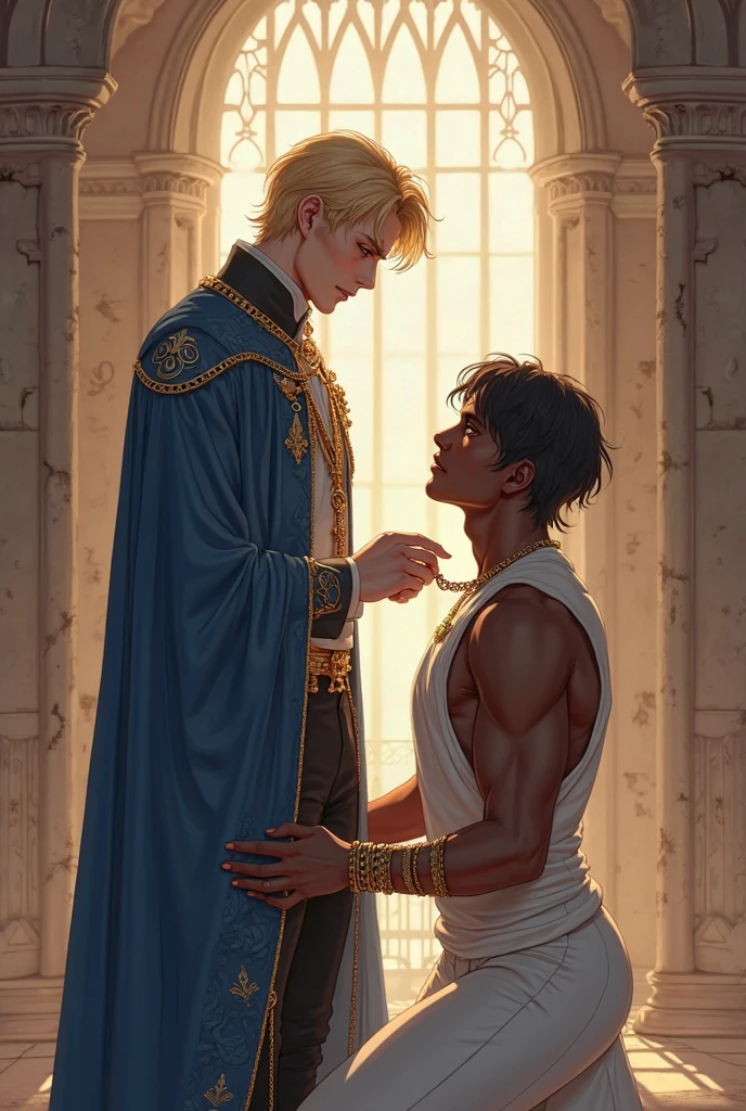 an interracial gay male couple of men in full royal garb romantic embrace, face to face, closed eyes, first gay royal kings, two men facing eachother, european and african, homoerotic, darius zawadzki and tom bagshaw, inspired by Hedi Xandt, brown skin man egyptian prince, by Hedi Xandt, edmund blair and charlie bowater, inspired by Frederick Lord Leighton, wlop and andrei riabovitchev, charlie bowater and mark brooks, tom holland, interracial gay, Beautiful, breathtaking, full body, interracial gay men, brownskin African Nigerian Emperor shortcurlyafro, the caucasian tsar of Russia short hair, jeweled loin guard, rendering, digital painting, Imperial coat of arms Russia, males only, beautiful attractive antique kings male lovers. nice pose , holding romantic , lushill style, digital painting, beautiful, realistic, Art by Daniela Uhlig and Tatiana Suarez, a proud beauty loving male couple, ,realistic face shapes, smilie beige, tasteful, no visible penis, beautiful perfect lips, excellent nose, high detail, 8k, mystical, magical, masterpiece Vienna in the background with stencils and castle Schnbrunn, waterfall, ultra hd, realistic, vivid colors, highly detailed, UHD drawing, pen and ink, perfect composition, beautifully detailed intricate insanely detailed octane rendering trending on artstation, 8k artistic photography, photorealistic concept art, soft natural volumetric cinematic perfect light, perfectly proportioned realistic lips