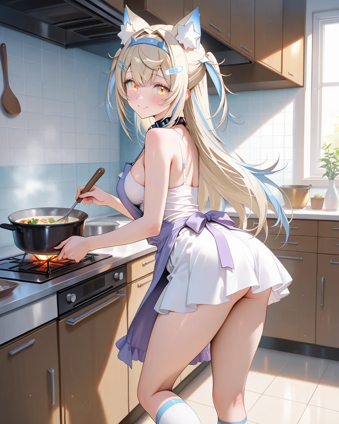((younger girl, with very long yellow hair, very small breasts, in the kitchen making breakfast, wearing an apron, facing away, focusing on her ass, completely nude)))