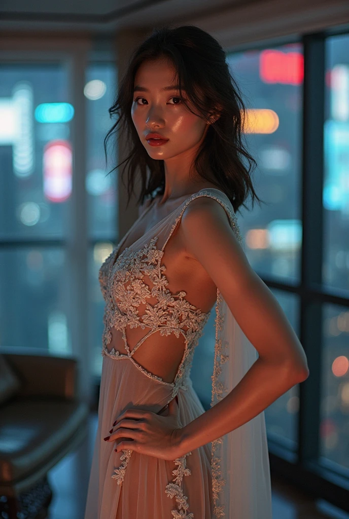 a beautifully detailed girl wearing a sheer dress at night on a balcony, her glowing skin and long hair accentuating her seductive and exciting presence, full body shot, (best quality,4k,8k,highres,masterpiece:1.2),ultra-detailed,(realistic,photorealistic,photo-realistic:1.37),HDR,UHD,studio lighting,ultra-fine painting,sharp focus,physically-based rendering,extreme detail description,professional,vivid colors,bokeh,portraiture