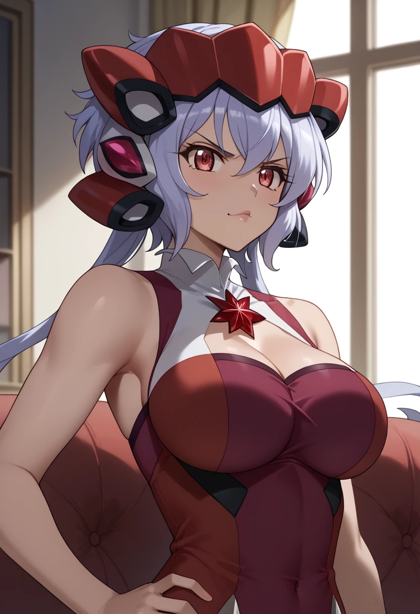 ((masterpiece)), ((Best quality)), (high resolution), (illustration), (an extremely delicate and beautiful), (ultra detailed beautiful face and eyes), nsfw,   1girl, leaning forward,  YukineChris, long hair, purple eyes, twintails, low twintails, ahoge, large breasts,  fishnet pantyhose, red a bow tie,  volumetric lightning, detailed skin texture, detailed, volumetric shadow, anime screencap,Highest quality, Sorceress, ancient babylonian nobility, ((tan skin:1.2)), (brown skin color),Long hair, twin braids, hair ornament, wine colored hair, smile, Below average size breasts, bare shoulders, (underboob:0,Red leotard、Torn clothing、clothes get torn、Legs apart, facing forward, arms folded、Wide-open legs、Standing with your legs apart、Front 8K, masterpiece, Best_quality, high_resolution, ultra_details, detailed, 1girl, 独奏, looking_at_viewer, upper_body, indoors, braid, blurry, bangs, white_hair, blurry_background, collared_shirt, church, hair_ribbon, hair_between_eyes, sidelocks, depth_of_field, light_particles, moon,night,knightfrench_braid, Alphonse Mucha Style, sharp focus, perfect hands, perfect face, perfect eyes, perfect light, dynamic light, natural light, Masterpiece, Best quality, red dress、Yukine Chris、Symphogear