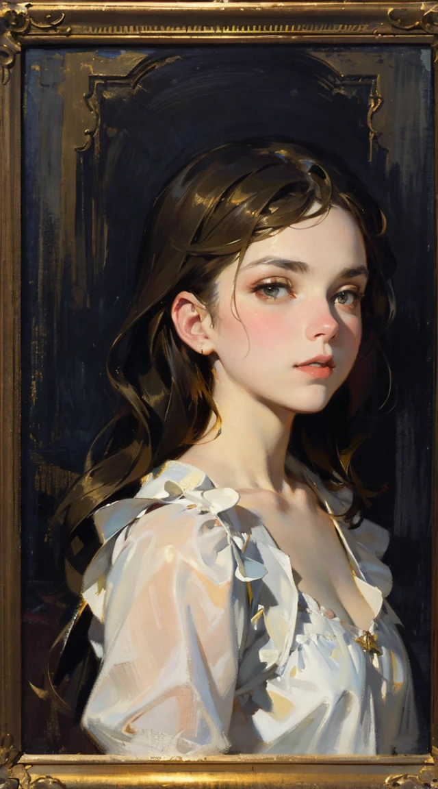 Beautiful woman, short wavy brown hair, rough pale skin, freckles. Goddess, fancy revealing shirt, heroine, blushing, best quality, oil painting, painting, classical painting, upper body portrait