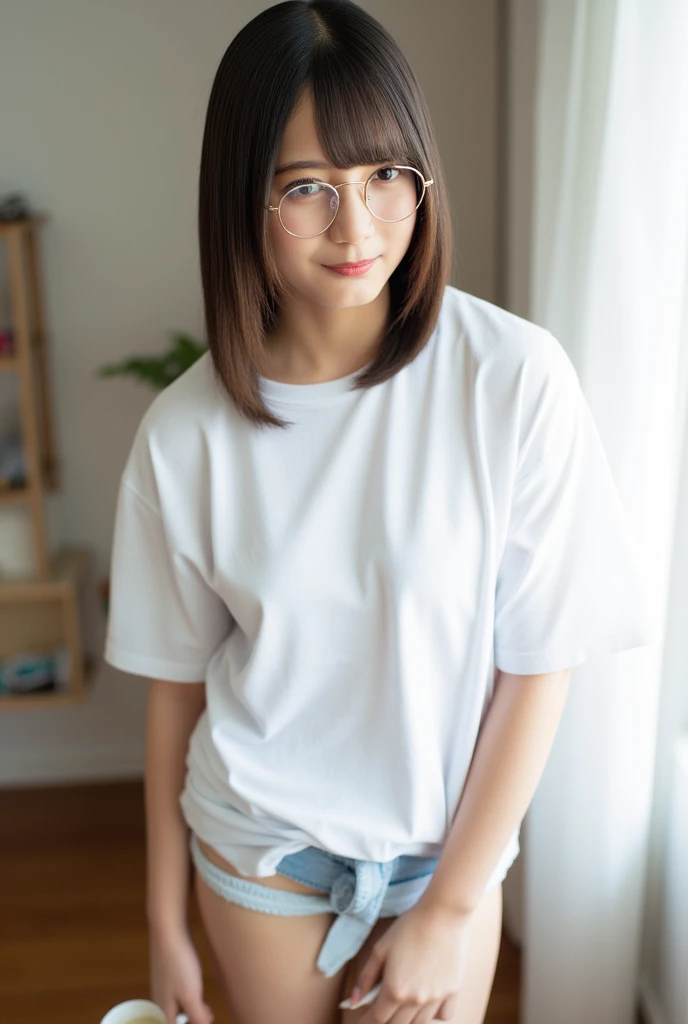 Japan woman in her 30s Slim white pants Brown hair Single eyelid Glasses V-neck shirt Slouch