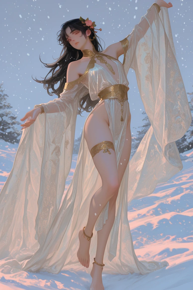 ((Highest quality,4K,High resolution,masterpiece:1.2)),((Character Concept Art)), 1 female, 20-year-old women, ((Shoulder-length brown hair、Hair curled loosely inwards)), (Skin as white as snow), Very detailed eyes (Brown Eye Color), have confidence, beautiful, slim body build, Big Breasts、((Intricate details)), Very finely crafted needles, Very finely crafted fingers(((10 fingers))), Superwoman Costumes, (Full-body showcase), (Show whole body),A shy smile、Deep in the dark snow、((With open arms、Standing gracefully:1.５))