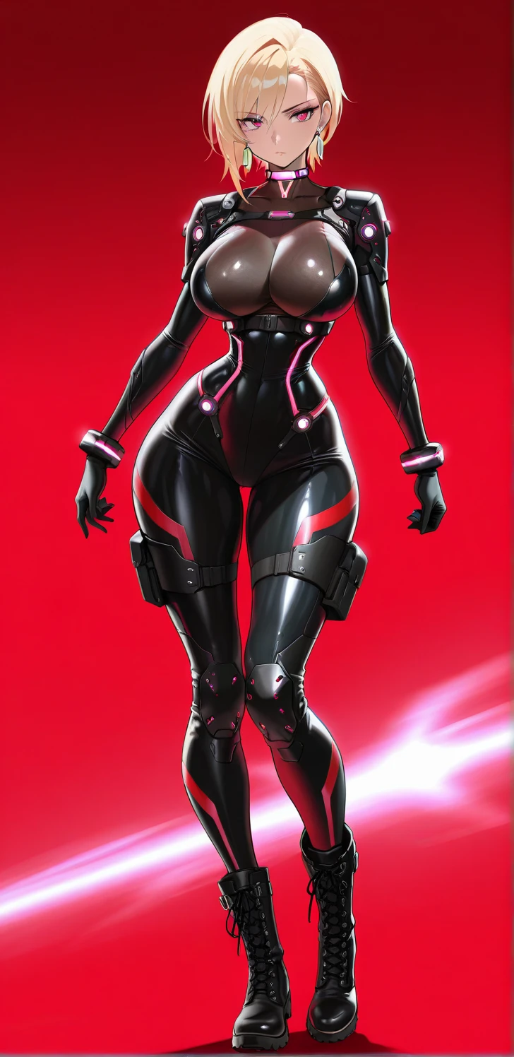 full body, game art style, (masterpiece), best quality, high res, 4k, 8k, detailed Illustration, intricate detail, cinematic lighting, amazing quality, 1girl, fit female, amazing shading, soft lighting, facing camera, Gantz suit armor torn apart, (grey background) (masterpiece, high quality: 1.2) 1girl full body standing good face, nice ass, hairstyle: braid, Hair: PINK long hair, Blindfolded: NO EYES (Cross Belt Blindfold), white sin (porcelain skin, sparkly skin), muscular, thighs, mature mommy woman MILF, abs, navel, looks at the viewer smiling, extremely huge breasts, maternal, chest cover with clothes (Hell knight Ingrid (anime style) Demon Knight Ingrid (OVA))