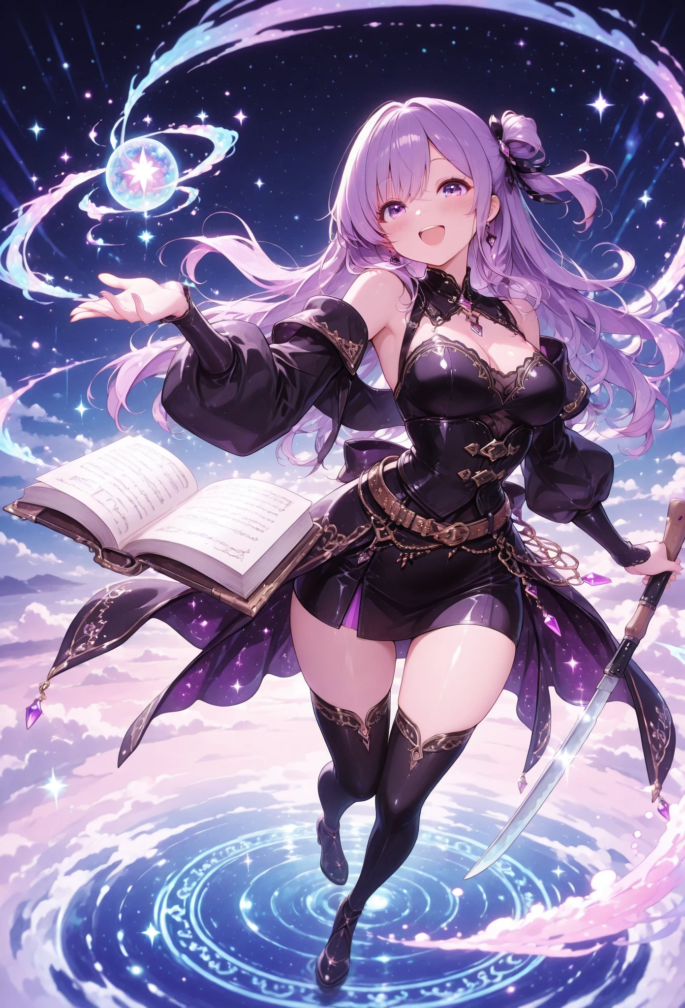 (masterpiece, excellent picture quality, beautiful CG, fine eye details, ultra-fine, intricate details: 1.2), 8k wallpaper, exquisite facial features, (1girl, solo: 1.4), long hair, (flying hair: 1.2), (wind L: 1.3), (elf, aura: 1.3), exquisite eyes, glowing eyes, earrings, underwear, anklets, breastplate, necklace, necklace, (purple flame: 1.5), feathers, (magic book, magic ball: 1.5), (Flying Paper): 1.4, Flying Paper Magic circle, Spell, Night, Darkness, (Prism, 1.4) Starry Background, (Colorful Splash: 1.5), Splash Art, Real Lighting, (Cool Magic Effect: 1.2), (High Saturation), High Contrast: 1.4), Extreme Color, (Surrounded by glowing white particles: 1.6)