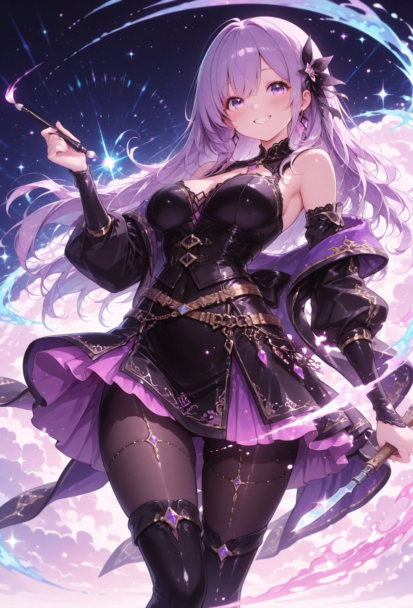 Vampire Queen Battle Suit(Radiant Royal Cape:1.2)Black-purple,(Extremely delicate beautiful eyes and melancholy but arrogant eyes),(Multicolor,Ponytail,Iridescent hair,Colorful hair,Half purple and half pink hair:1.3),( Magic、myth、Fantasy)、(超模figure、Idol、figure、charm、gorgeous、charming、majesty、Sexy devil aura)、Original Characters、masterpiece、Alluring purple eyes、Purple gemstone accessories、Gold belt、Golden necklace、 Wind evil and body floating effect,Soft moonlight,Unique crown,(Tattoo 1;1.25),(Holding a scythe1:1.3),16k wallpaper style,Bare shoulders,cute,Petite,solo,Star,Stardust,Shiny,Body Details、Killing Scene、legend、Keratin Blush、Pink lips、light、Full body close-up、enlarge、Twilight、Dark Magic、Dark elements,Moisturizing,Slippery,Smooth skin,Fighting Stance