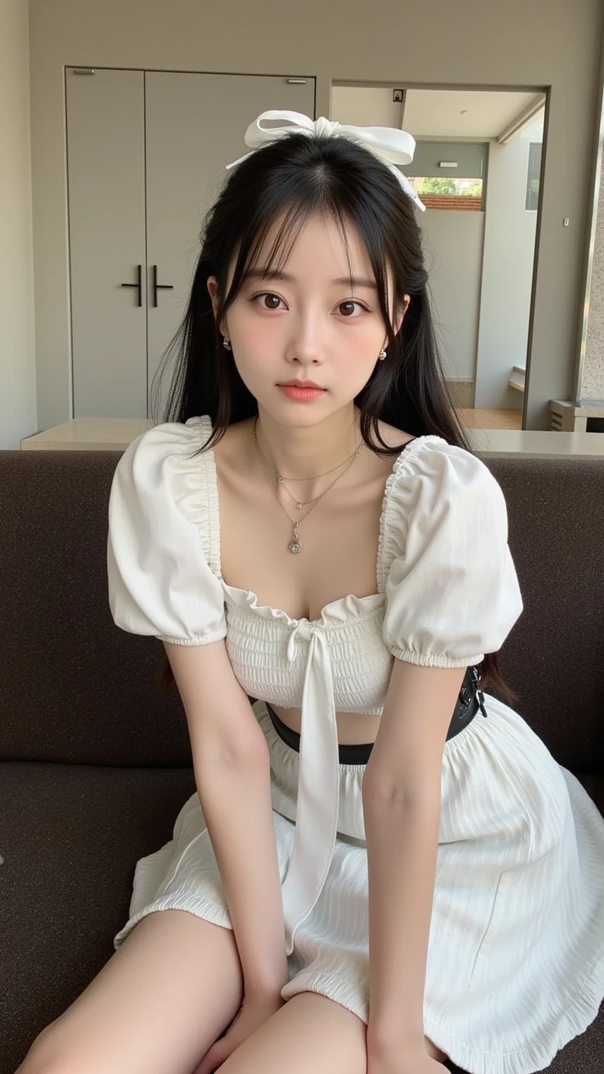 1 girl, highest quality, super high resolution, super detailed skin, physically based rendering, small breasts, flat chest, down blouse, (14 year old Japanese student, decorated detailed bra, overlapping short sleeve blouse, small breasts, full), sitting, squatting on train, short hair, necklace, close-up, from top left, focus on breasts, high brightness
