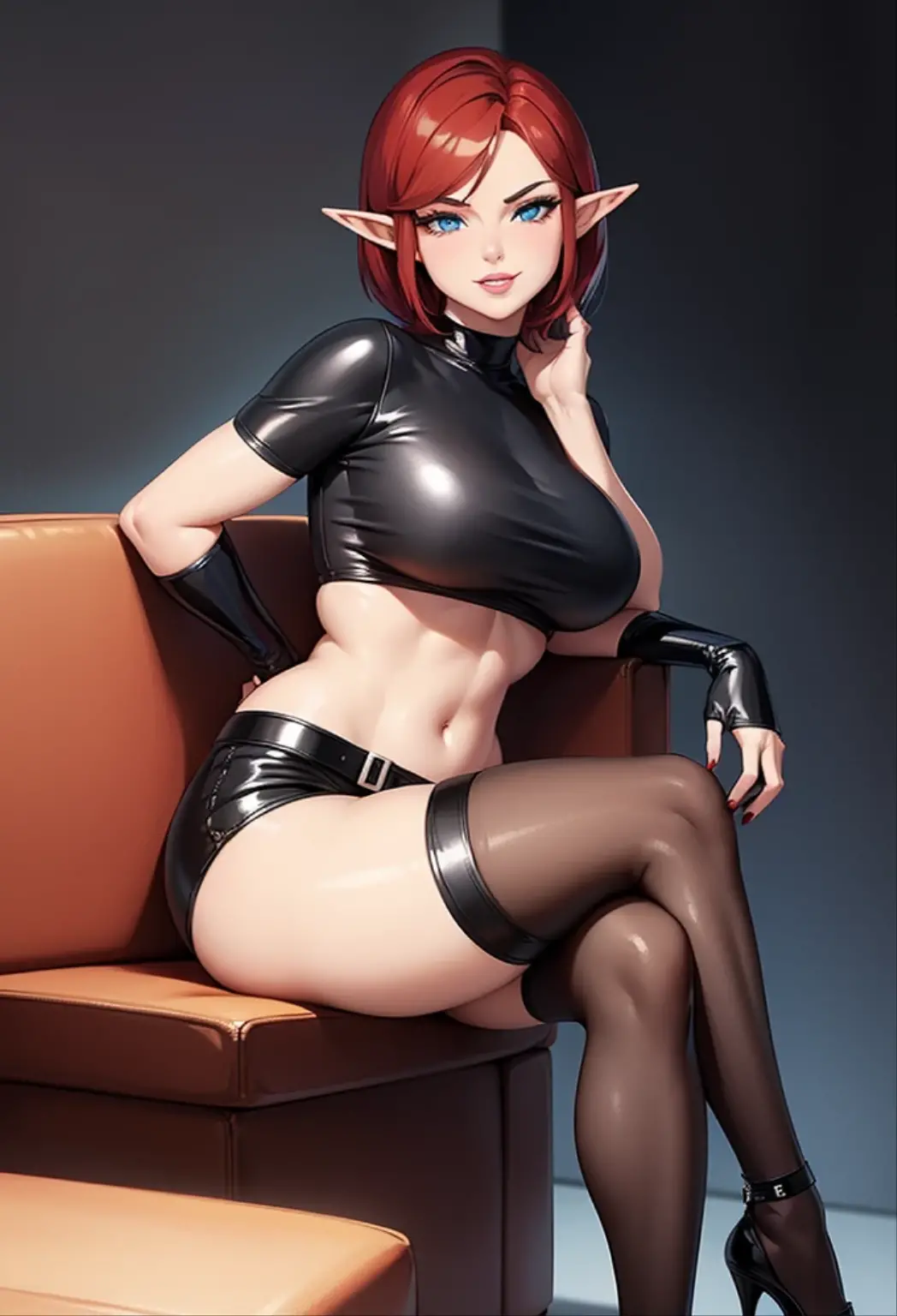 1girl, female elf, short red hair, blue eyes, curvy body, shines in a stunning black lace bodycon dress with a seductive plunging neckline, strapless, sleeveless, long flowing skirt, black high heels, sitting on a latex couch, legs crossed, full pouty lips, lewd smile, pinup pose, looking back at viewer longingly, side view