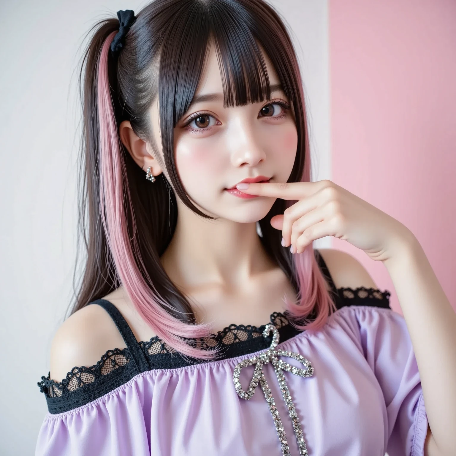 a cute girl with porcelain skin, Natural smile,long straight black hair with pastel pink highlights, wearing a modern gothic ta outfit, soft lavender puff-sleeved blouse with black lace trims and decorative buttons, ribbon bowtie at the collar, silver accessories and butterfly-shaped earrings, posing indoors with a finger near her lips, soft lighting, pastel background, anime-inspired aesthetic, ultra-detailed facial features, big sparkling eyes, subtle makeup, dreamy and delicate atmosphere, Japanese kawaii style, high-resolution fashion portrait, front-facing composition