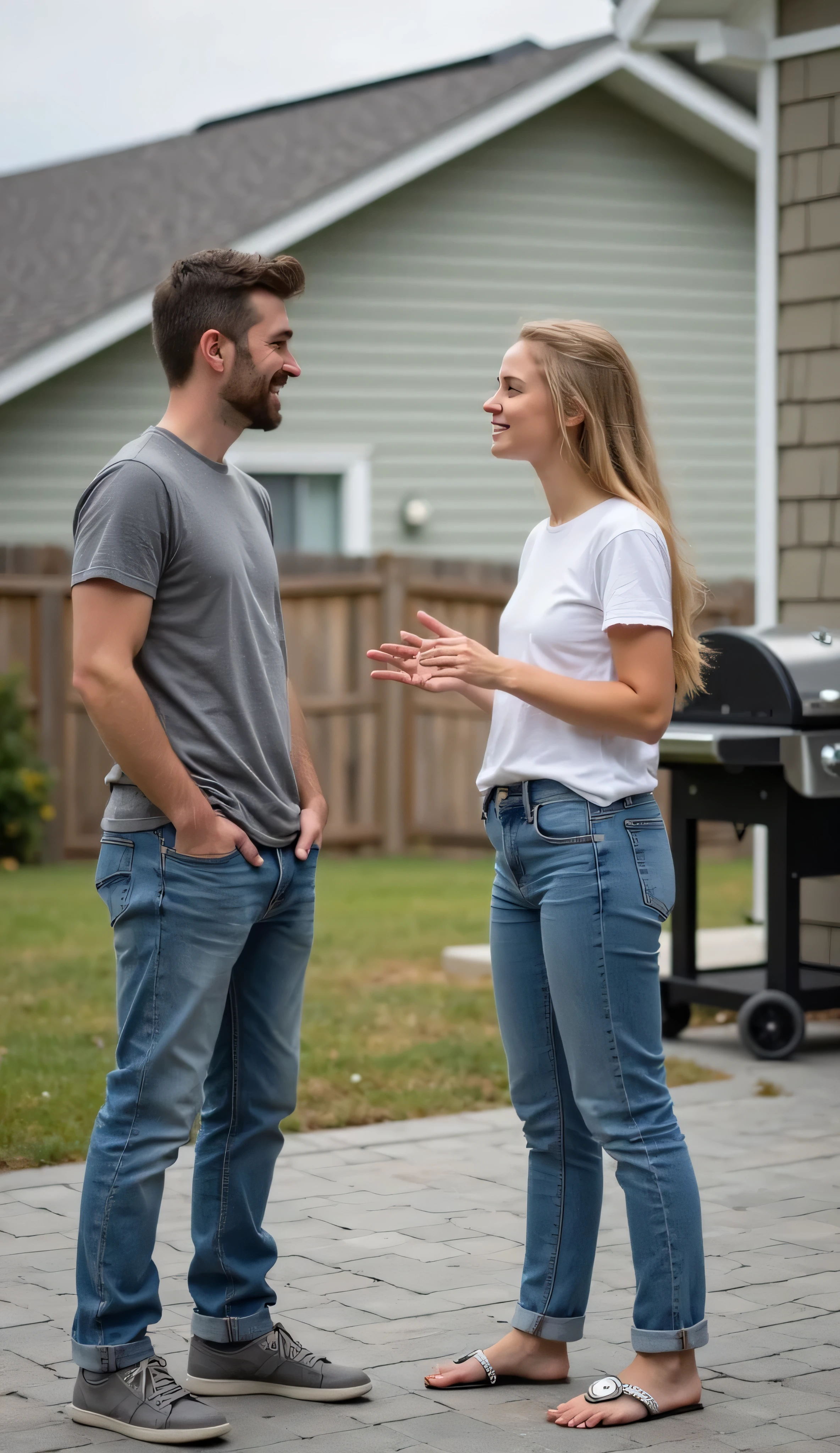 a woman in jeans and a white t-shirt fighting with a man and another trying to calm them both down and a woman further back watching, all in front of a house during the day. everyone exhausted.