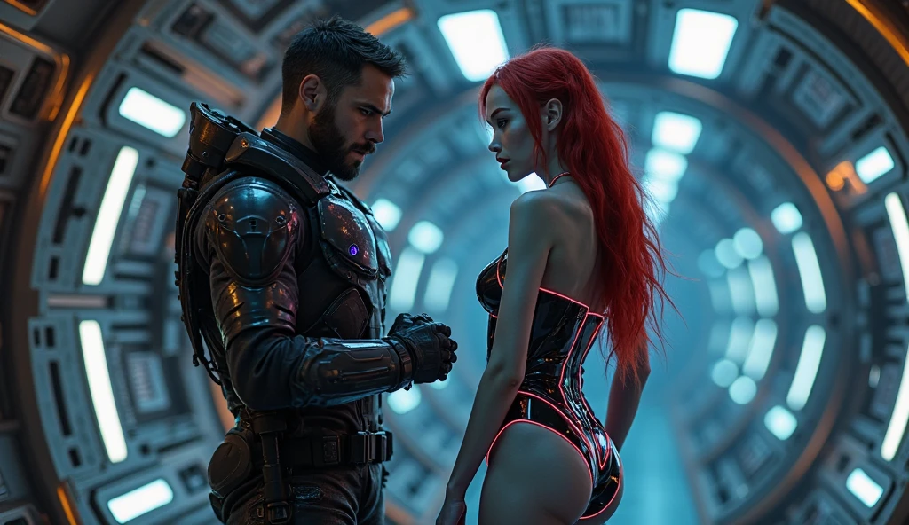 Masterpiece, Best Quality, (Extremely detailed CG unity 8k wallpaper), (Best Quality), (best photography), (best shadow), absurdities, realistic lighting, (Abyss), beautiful detailed shine, photographer art, bdsm aesthetics. Tall man with long dark brown wavy hair. The woman of medium height with reddish hair. action: The man holds the woman by the neck in a bdsm game. They both wear cyberpunk clothing