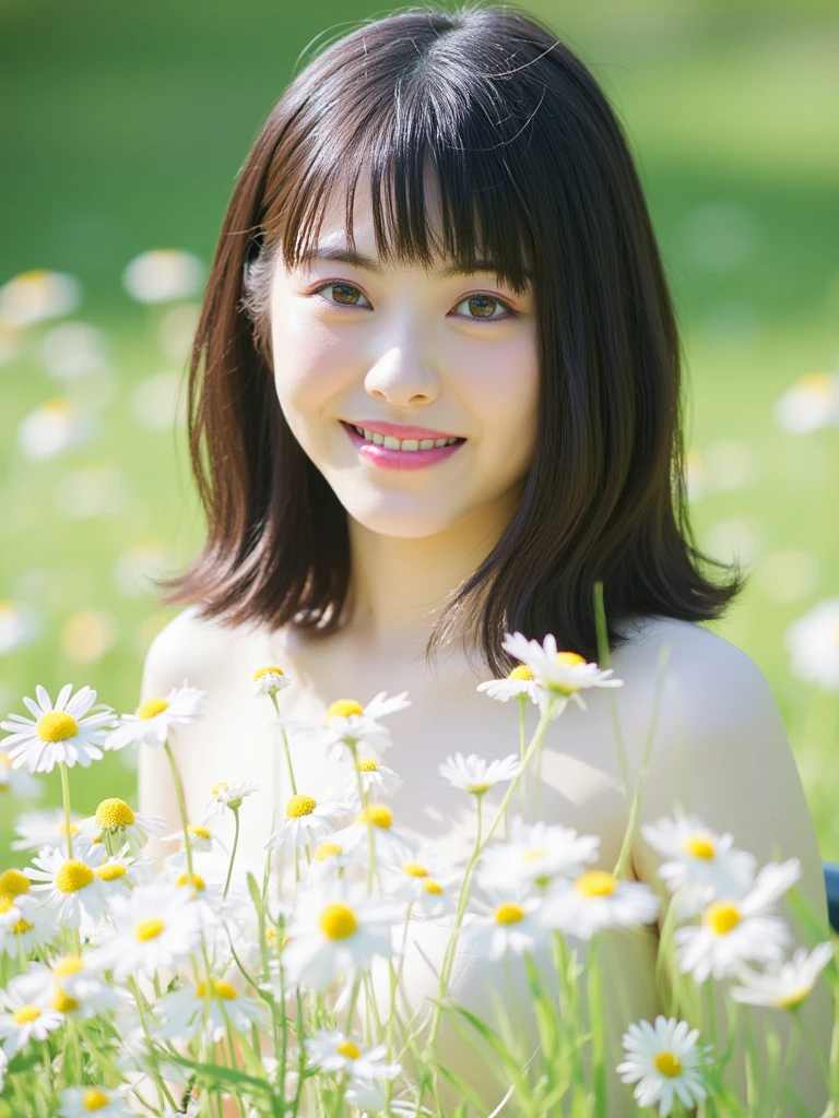 Happy is standing in a beautiful field of flowers, with colorful flowers everywhere, perfect lighting, using a Leica Summicron 35mm f2.0 lens, Kodak Portra 400 film, and film grain.
