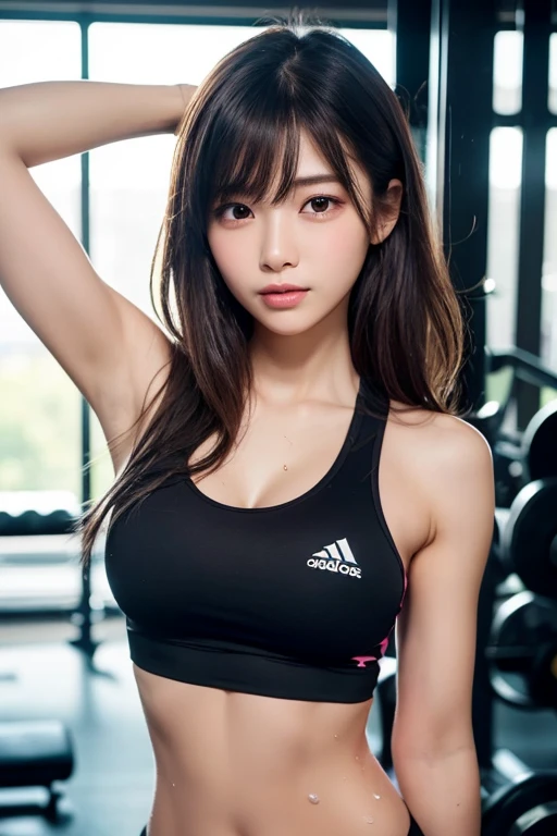(best quality, 4K, masterpiece：1.3), 1girl, 18 years old, (perfect figure:1.4), dark brown hair, track pants, Wet body, gym room, Highly Detailed Face and Skin Textur, Detailed eyes, double eyelid, A half body, Look into the camera
