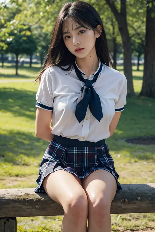 High School, NSFW,8k,(RAW Photo:1.2),(Best Quality:1.4),(Masterpiece:1.4),Best Illustration,Ultra High Definition,Portrait,Film Grain,filmg,1girl,Look Viewer,Depth of Field,(Photorealistic:1.4),(Detailed Hair,Realistic Hair,Realistic Lighting,Realistic Shadow,Realistic Clothing,Realistic Skin),Natural Skin Texture, Super Detail,(Portrait:0.6),(Light Particle,Lens Flare,Luminous Particle:0.6),(Bokeh:1.2),Cute,Professional Lighting,Photon Mapping,Radiosity,Physically Based Rendering,Incredibly Absurdity,Glossy Skin,(Pale Skin:1.2),(pureerosface_v1:0.7),(Close-Up:1.1), (Fair Face: 1.1),(Round Face:1.5),Open Mouth,Puffy Eyes,Purple Eyes,Double Eyelids,(Egyosar:1),(Long Hair:1.1),Floating Hair NovaFrog Style,High Ponytail,Floating Hair,Makeup,(Very Dark Lip Gloss,So Many Eyelashes,Eye Shadow),Beautiful Legs,Sailor Suit,((School Uniform, Checkered pleated skirt)),Super short skirt,(ass:1.2),knee socks,outdoors,city,sunny,(unbuttoned shirt:1.1),full body,on all fours,leopard pose,backwards,(beautiful nipple slip: 0.9),Japan girl,squatting,butt sticking out,butt turned,pitch black see-through bra very small in size, The tips of the are sticking out, the areola is protruding, the shape of the pubic area is clearly visible, pubic hair, the lower abdomen is bristle, the crotch is open, the are large and are about to spill out of the bra, see-through underwear, pubic hair protrudes from the underwear