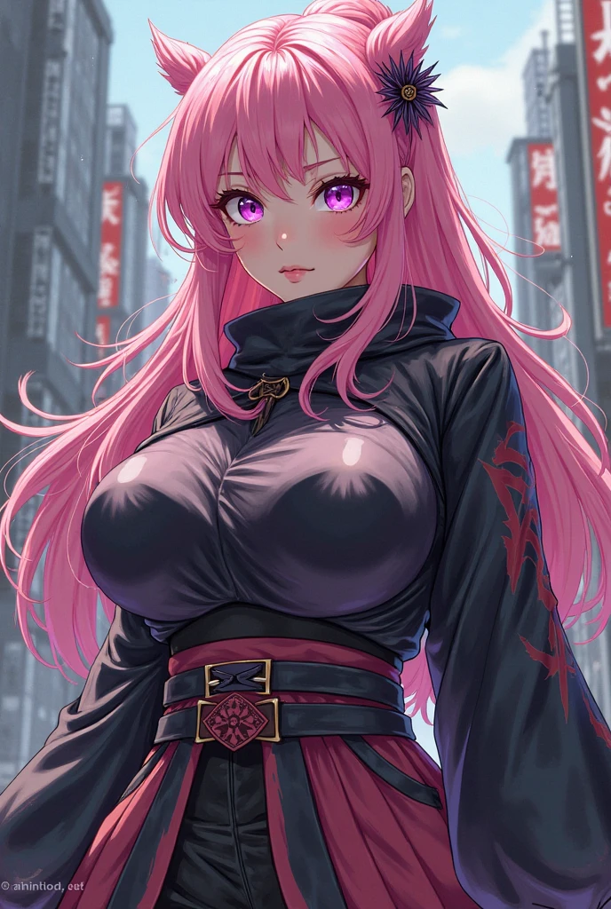 (Masterpiece, Superb Quality, 1Girl, Solo, Complex Details, Color Aberration), Realism, Full Body, (Medium Breath), Bare Shoulders, Big Breasts, Sexy, Yae Miko, Long Pink Hair, Red Headgear, Red Highlight, Hair Above One Eye, Green Eyes, Earrings, Sharp Eyes, Perfect Symmetrical Figure, Choker, Neon Shirt, Open Jacket, Turtleneck Sweater, Against Wall, Brick Wall, Graffiti, Dim Lighting, Alley, Looking at the Audience, (Seductive, Charming), (Cherry Blossom Background), ( Japanese temple background), (night) --auto --s2