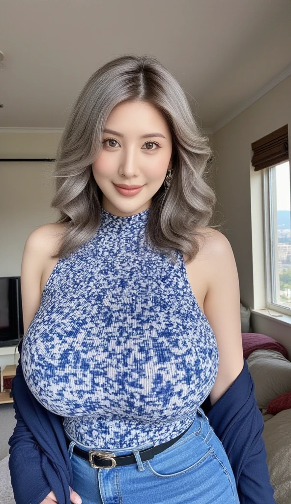 (masterpiece, highest quality), japanese mature, (alone), 60 years old, (wrinkles around the eyes:1.45), (Nasolabial fold at the mouth:1.3), big breasts, mature woman, Glamour, Sexy, pure white skin, looking at the viewer、(((super big breasts:1.28)))、(((Gray hair)))、long hair、small diamond necklace、earrings、(((dark blue satin party dress)))、high heels、smile、Public place、Coquettish poses、full body photo、