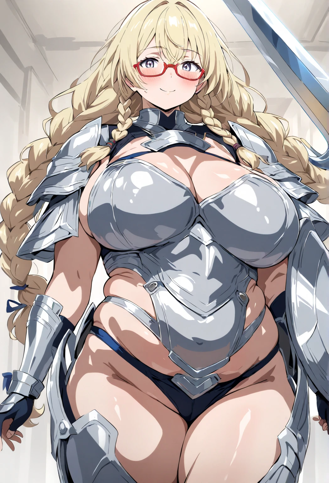 (Very detailed、Highest quality、Best image quality、masterpiece、8k)、(shoulder-length blonde hair:1.5、Medium Long Hair)、(smile、Open Mouth) 、(Hilarious)、(Big eyes)、(Beautiful and shining eyes)、(Detailed anime eyes)、(Puffy eyes)、(Big Breasts:1.8、only breasts are in full view :1.5、bare breasts:1.5 、bare nipples:1.5、 thick nipples、erection of nipple、pepperoni nipple、necklace)、((SFW Huge Body:1.8))、(knight armor、Wearing white bikini armor:1.5、High leg T-back、Arm Armor、Leg armor:1.5、armor on the waist:1.5、Waist belt:1.5、Thigh-high socks、Garter Straps:1.5、Put on a helmet:1.5)、(Cowboy Shot)