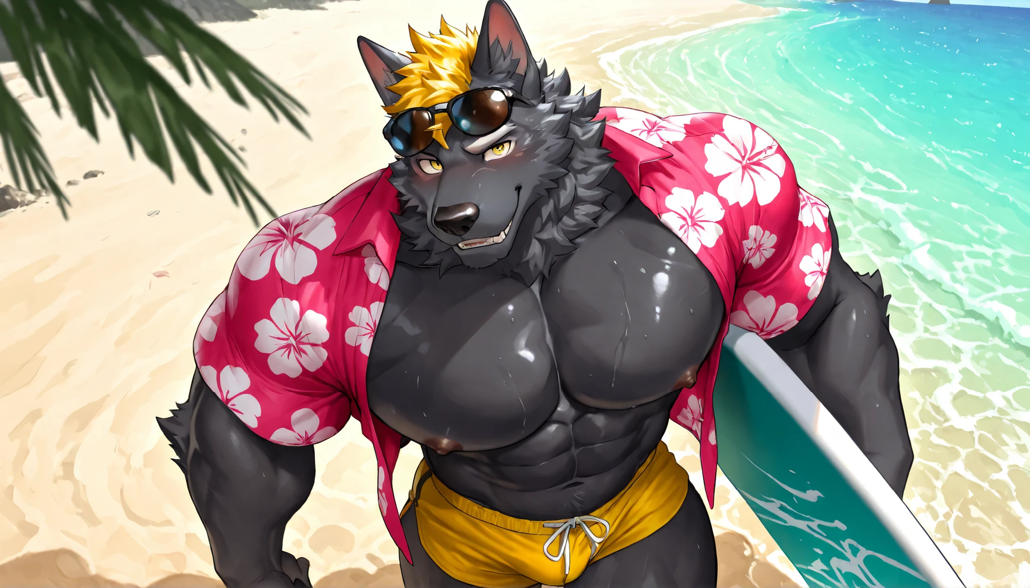 close up on paws, furry,kemono,anthro,
werewolf,wolf ears,wolf tail, dark grey/white fur,blue eyes,
laying on a towel on a beach, under parasol, ice box with drinks inside,
wearing open floral shirt, matching floral swimming trunks with gigantic bulge and beaded anklet,
pawpads,pink pawpads,
sunny day, alone,