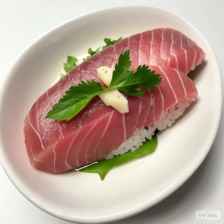 there are two pieces of sushi on a plate on a white table, style of shuzo oshimi, sushi, Momoshiki otsutsuki, eating sushi, Beasts, iwakura, Yoshiku, Hajime Katoki, Served on a plate, katsushika, Kintsukuroi, kantoku