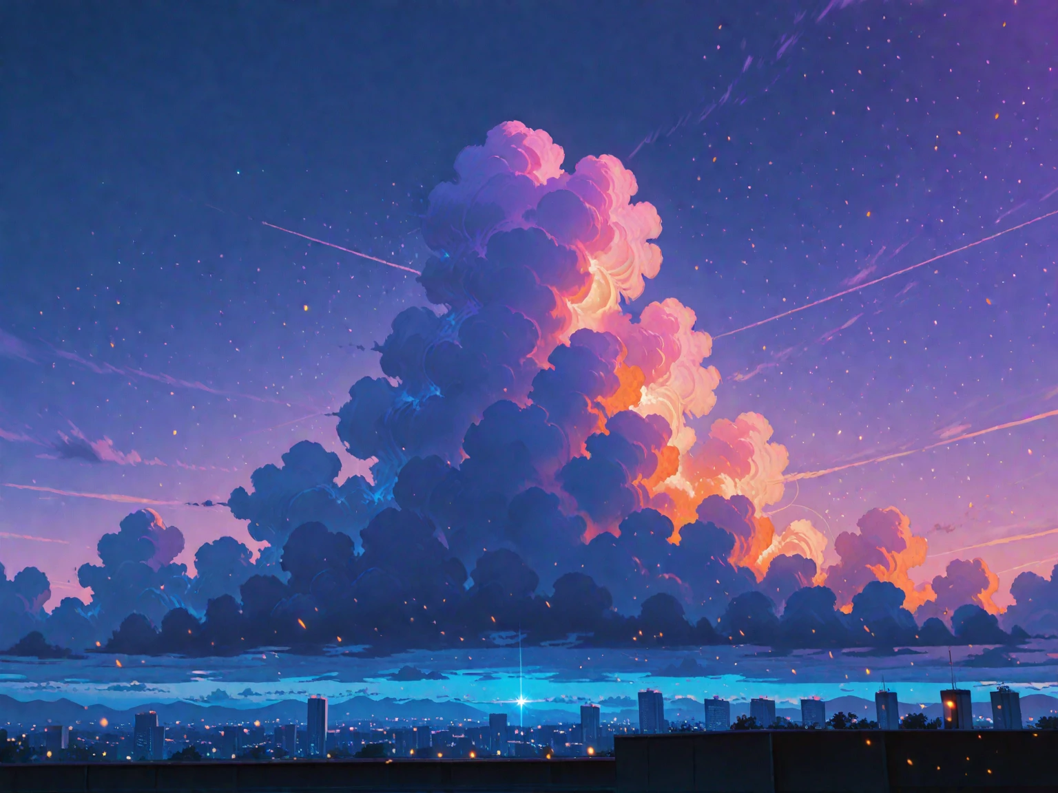 A city background, synthwave, the moon as a highlight between the clouds