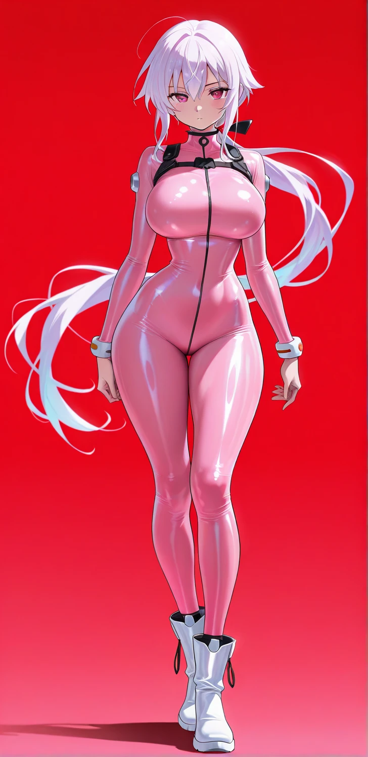 {{{masterpiece, best quality, illustration,game_cg}}}, 1girl, latex tights, pink tights, carved tights, {{{burst breasts}}}, pink, headphones, double ponytail, shiny, full body, bangs, long pink double ponytail, blush, gloves, impossible clothes, latex, latex jumpsuit, short coat, tight, shrugged\(clothes\), medium bust, thin waist, perfect figure, thin legs, long sleeves , looking at the audience, pink eyes, simple background, skin firmness, smile, solo, posing, very long hair, white gloves, white hair