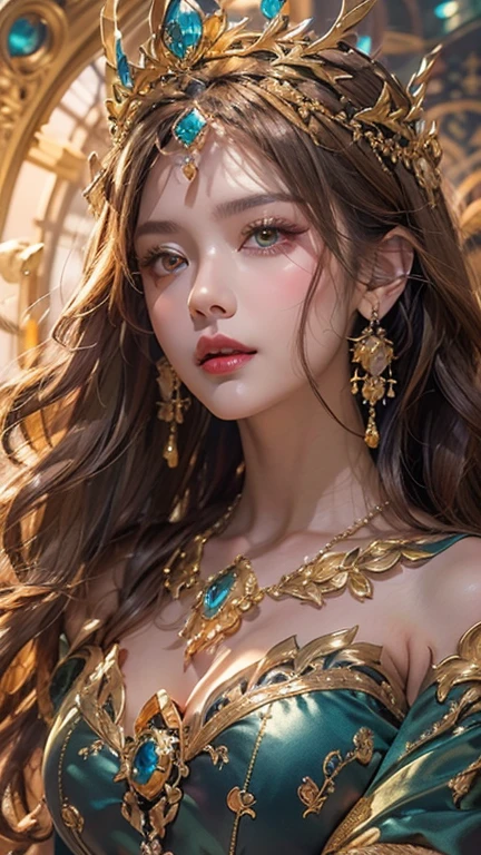 Portrait of a young 20-year-old saint, a saint with a beautiful and super cute face, Chinese doll, super cute face, holy woman wearing a combination of ao dai and thin pants with red color and yellow lace trim, beautiful face without blemishes, shut up, ((long hair seven colors rainbow:1.2)), big crown, hair brooch, hanfu dress, chinese ancient style, Neck and hand necklaces, small earrings, hair jewelry, hair brooches, ao dai with many meticulous motifs, forehead tattoo, The female saint's breasts are round and very full, breast augmentation, innocent face, The most beautiful and detailed light red lipstick, ((Thin plump lips:0.3)), ((Golden eyes:1.2)), The eyes are delicately decorated,(white and detailed) cinematic, light and dark, dramatic lighting, magical light, extremely detailed light, true color, super sharp, realistic, 8k quality, fantasy universe background, saints and magical space, the most detailed images, Solo, a saintess, ((looking directly at the saint's upper body:0.4)), ((smooth skin:0.5)), Extremely detailed pixels, super true, extremely detailed and complex graphics, the highest resolution, close-up portrait,