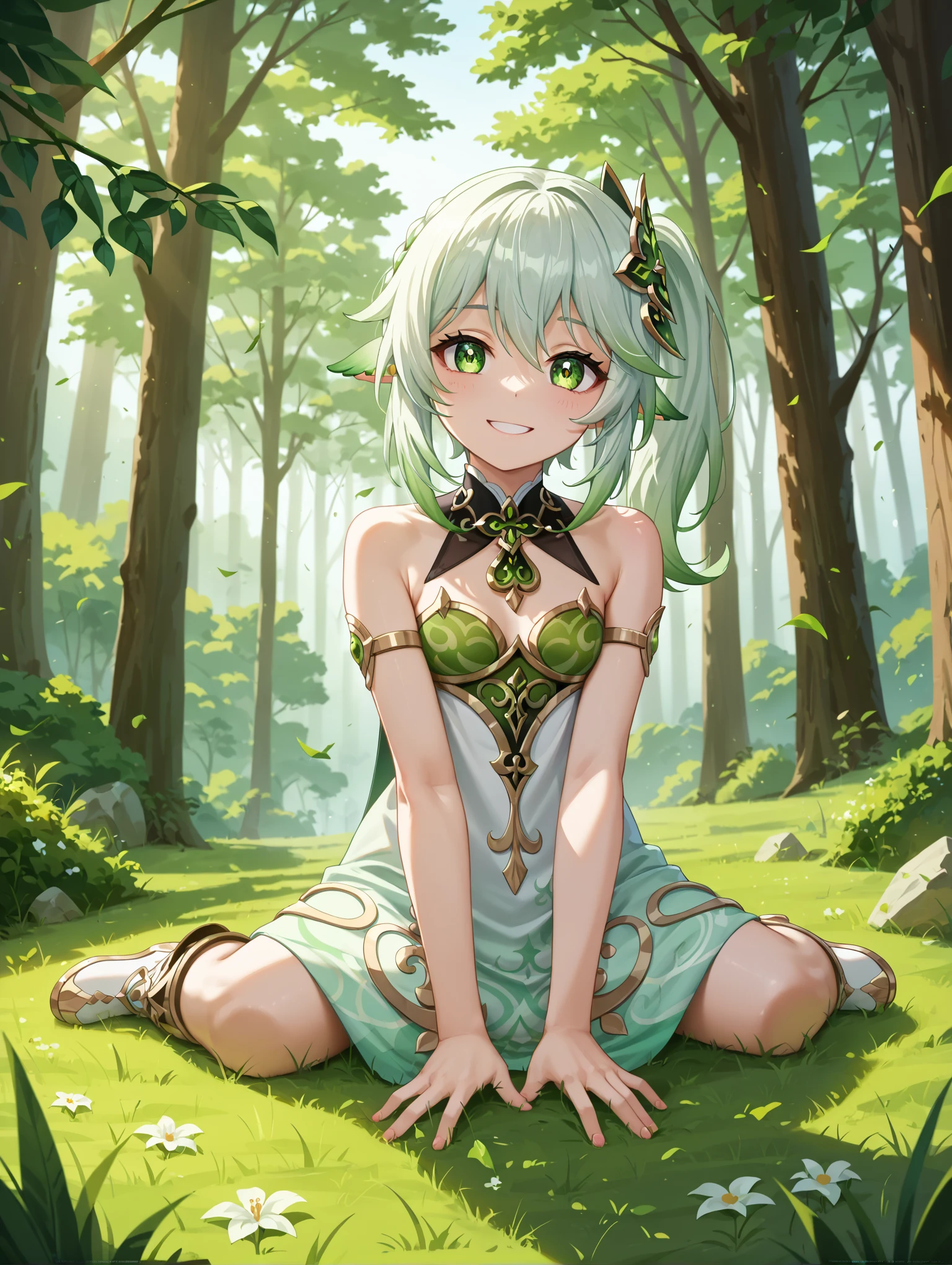 1 , white long hair, ponytail on side with leaves-like hair ornament, wearing color white and green egyptian outfit, white short, no shoes, green eyes with clover in the middle, bracelet, absurdness, high res, ultrasharp, 8k, masterpiece, inside a forest with animals
