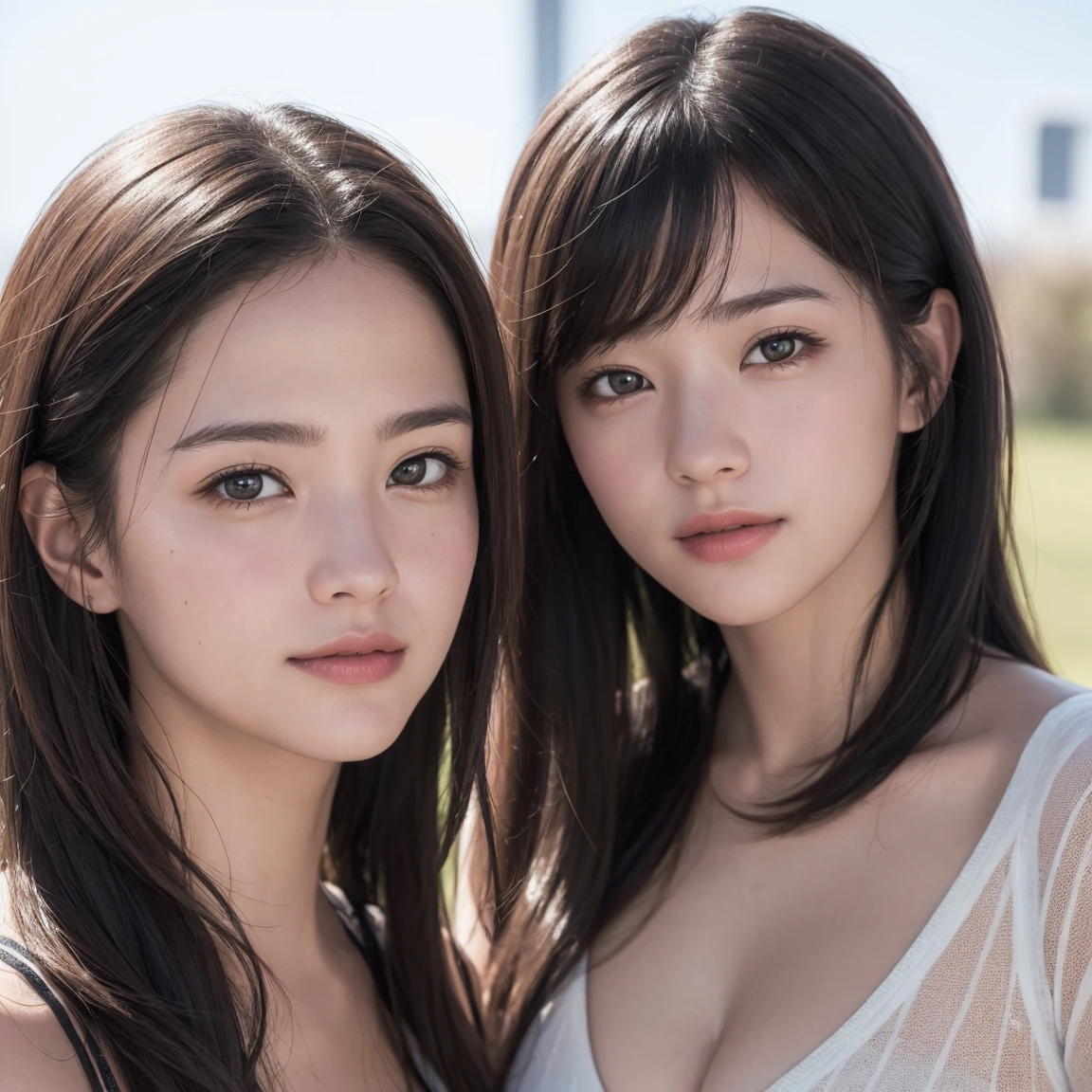 (3girls:1.3), shy smile, cleavage, tank top, sports pants, standing, summer day, park, trees, cloudy sky, soft lighting, (from below), 18yo, korean cute idols, large breasts, (baby face:1.3), ((cute face:1.6)), (masterpiece:1.3), (best quality:1.2), (ultra highres:1.0), photorealistic:1.4), extremely perfect anatomy body parts, perfect hands, (pleasant expression:1.2), (beautiful teen girl), clear face, cute teenage girls, realistic face, (absurdly cute), highly detailed, detailed face, (perfect face, beautiful face, perfect eyes,:0.75), extremely detailed, ultra-detailed, 8K wallpaper, extremely awesome detailed, extremely awesome detailed CG, kawaii, cute girl,(cute photo:1.2), dynamic lighting, deep shadows, (beautiful teen girl), clear face, cute teenage girls, (absurdly cute), (detailed face), photorealistic, highly detailed, koean idols, extremely perfect anatomy body parts, perfect hands, realistic face, (Detailed Background), perfect composition,
