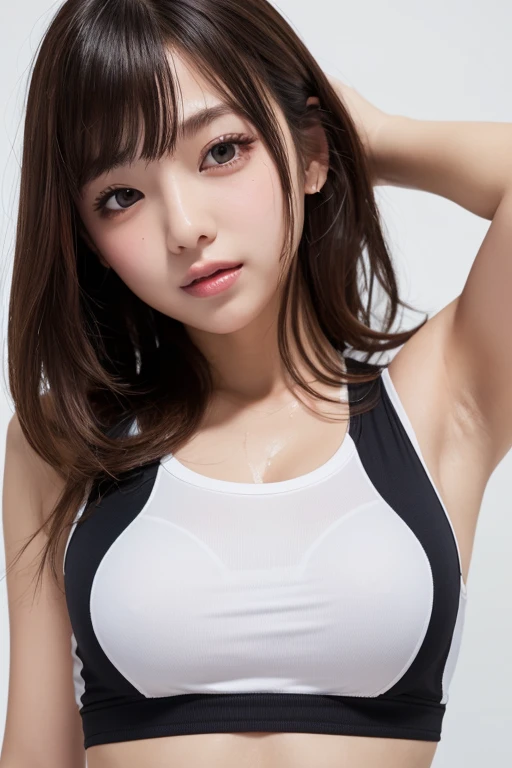 best quality, photorealistic, 8k, high res, 1girl, woman, (skindentation), (portrait:0.6), gorgeous, ((whitebackground, sport tanktop, small breast:1.65)), (long brown hair, parted bangs:1.4), looking at viewer, (1girl eyes looking at viewer:1.6), photorealistic, (bokeh), (closed mouth, smile:1.3), gorgeous, pureerosface_v1:1,
