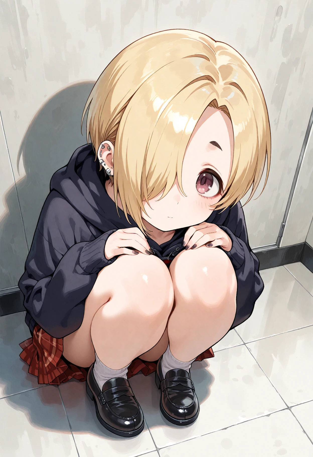 (masterpiece、Highest quality、Very detailed))、One girl、gyaru、Blonde、short hair、Barrette、Grey Eyes、evil smile、((Grin))、((lots of piercing))、Large Breasts、((White collared shirt))、necklace、((Black pleated skirt))、((leopard print panties))、((white buggysocks))、loafers、((squatting:1.5))、((open legs:1.5))、Gym storeroom