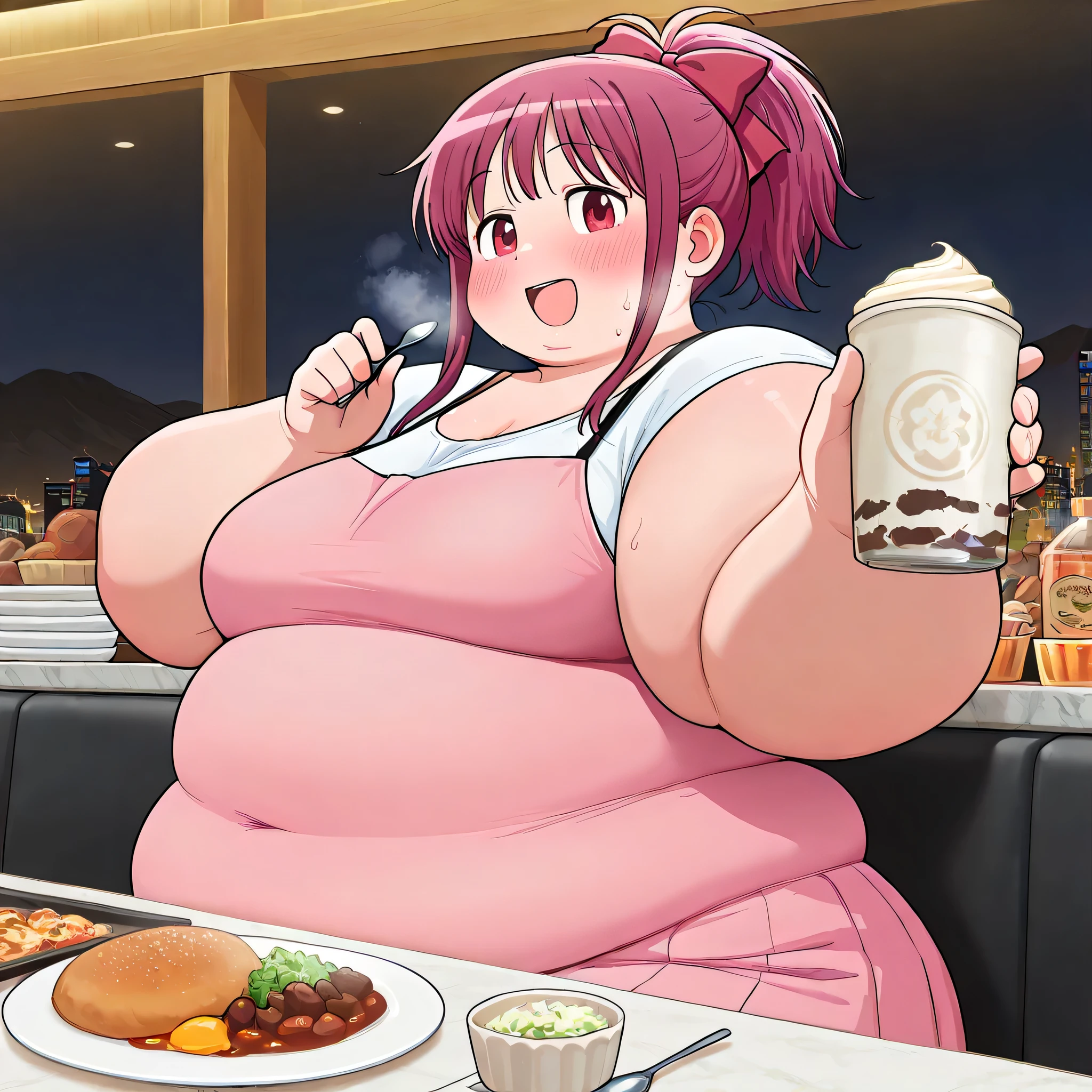 high resolution picture, masterpiece, best quality, amazing quality, official art, solo, 1girl, Kyouko Sakura, from Puella magi madoka, rec hair, Ponytail, bangs, sidelocks, red eyes, medium breasts, incoming food, spoon, holding, holding spoon, food, looking at viewer, open mouth, blush, smile, restaurant, plate, hand up, fat, chubby, obese, gigantic arms and legs, large breasts open mouth, out of breath, from side ,side view