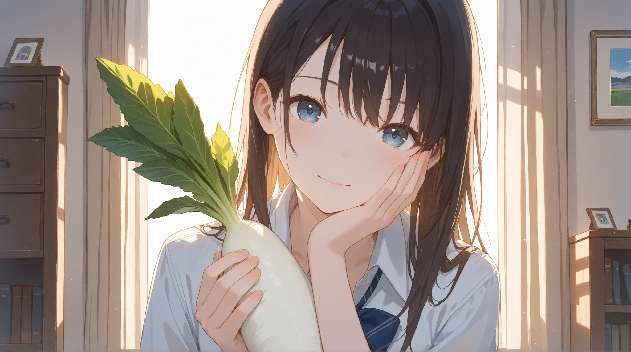 a high school girl, holding a daikon radish:1.4, beautiful detailed eyes, beautiful detailed lips, extremely detailed eyes and face, long eyelashes, Bust Shot, anime style, intricate details, warm lighting, vibrant colors, (best quality,4k,8k,highres,masterpiece:1.2),ultra-detailed,(realistic,photorealistic,photo-realistic:1.37)