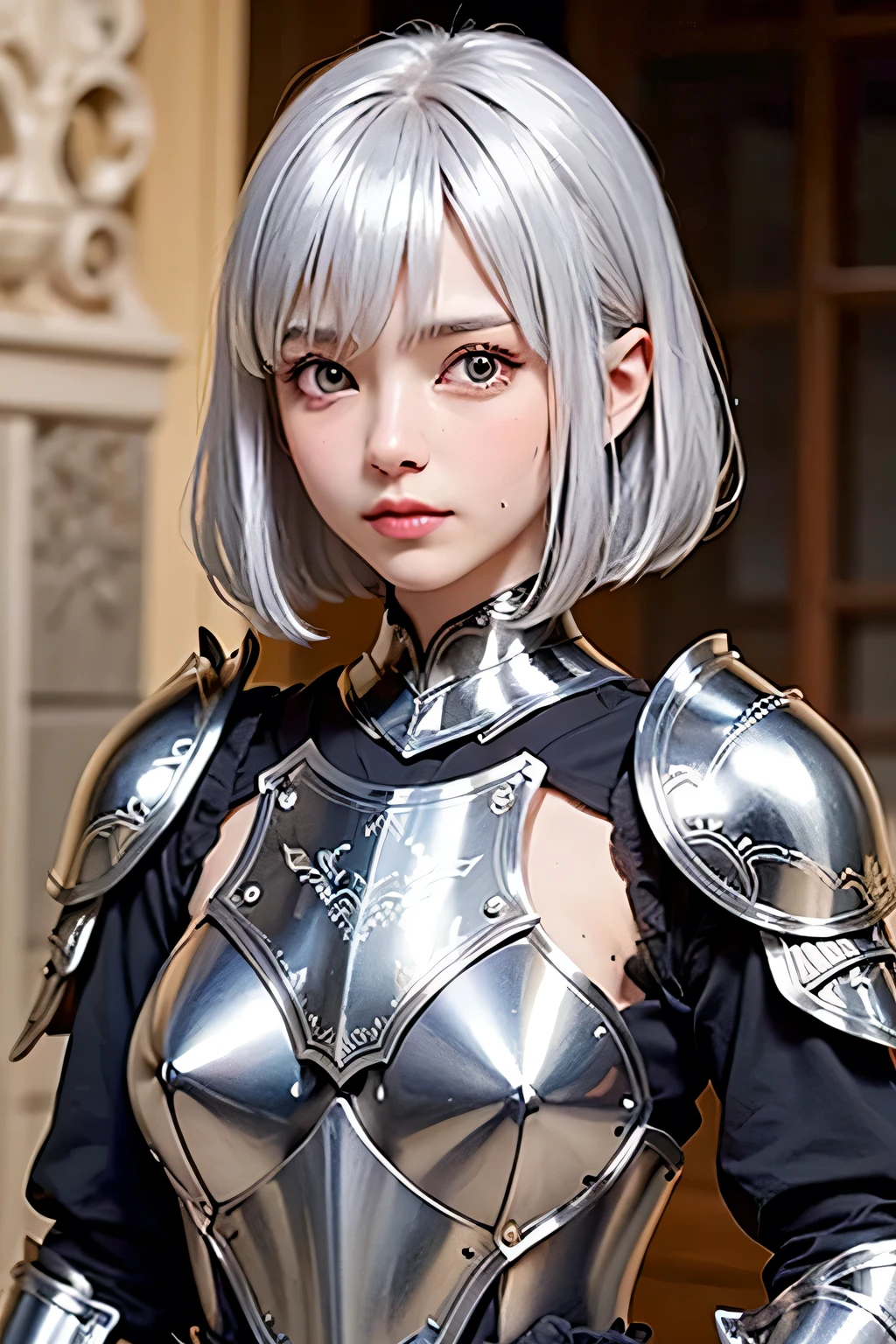 Cinema Lighting、highest quality,Cyberpunk World、1 female、(Beautiful 20 year old woman、Beautiful facial detail 、short hair、Shoulder-length hair、blue eyes:1.4)break,Medium Hair、(vivid Shiny BLUEヘアカラー:1.6)
break
(A perfect dark black leather battle suit、The joints have corners:1.3), (Silver Cross Necklace:1.3)、break.(Grey Hair)
(In the forest、Open Terrain、Daytime:1.2)break(Portrait Angle)