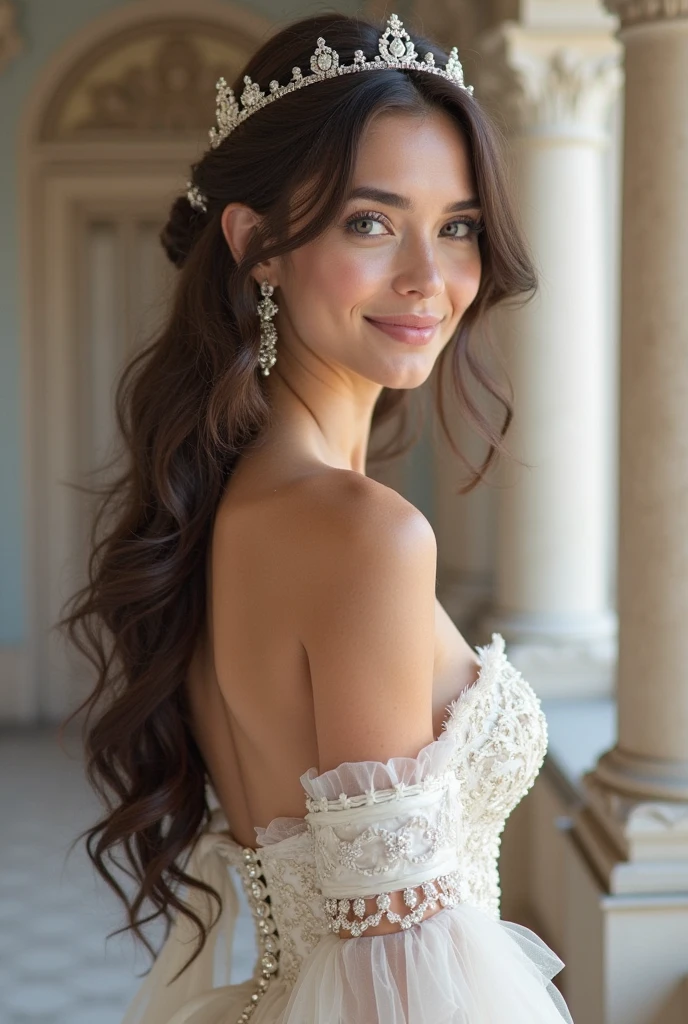Realistic full body photo of a smiling brunette young girl with long hair, ponytail hairstyle, She dances in front of the camera in a long A-line wedding dress with straps made of shiny satin., Park,glamour fotoshooting, Wedding celebration, perfect anatomy, perfect brown eyes. Perfect hands with 5 fingers on each hand, Matching girl, look into the camera, 1 Frau. (Eye make up:1.1), (highly detailed skin:1.1), spirit, analog style, keen focus, 8K  UHD, dslr, good quality, Fujifilm XT3, Grain, Award-winning, ​masterpiece. Wedding celebration