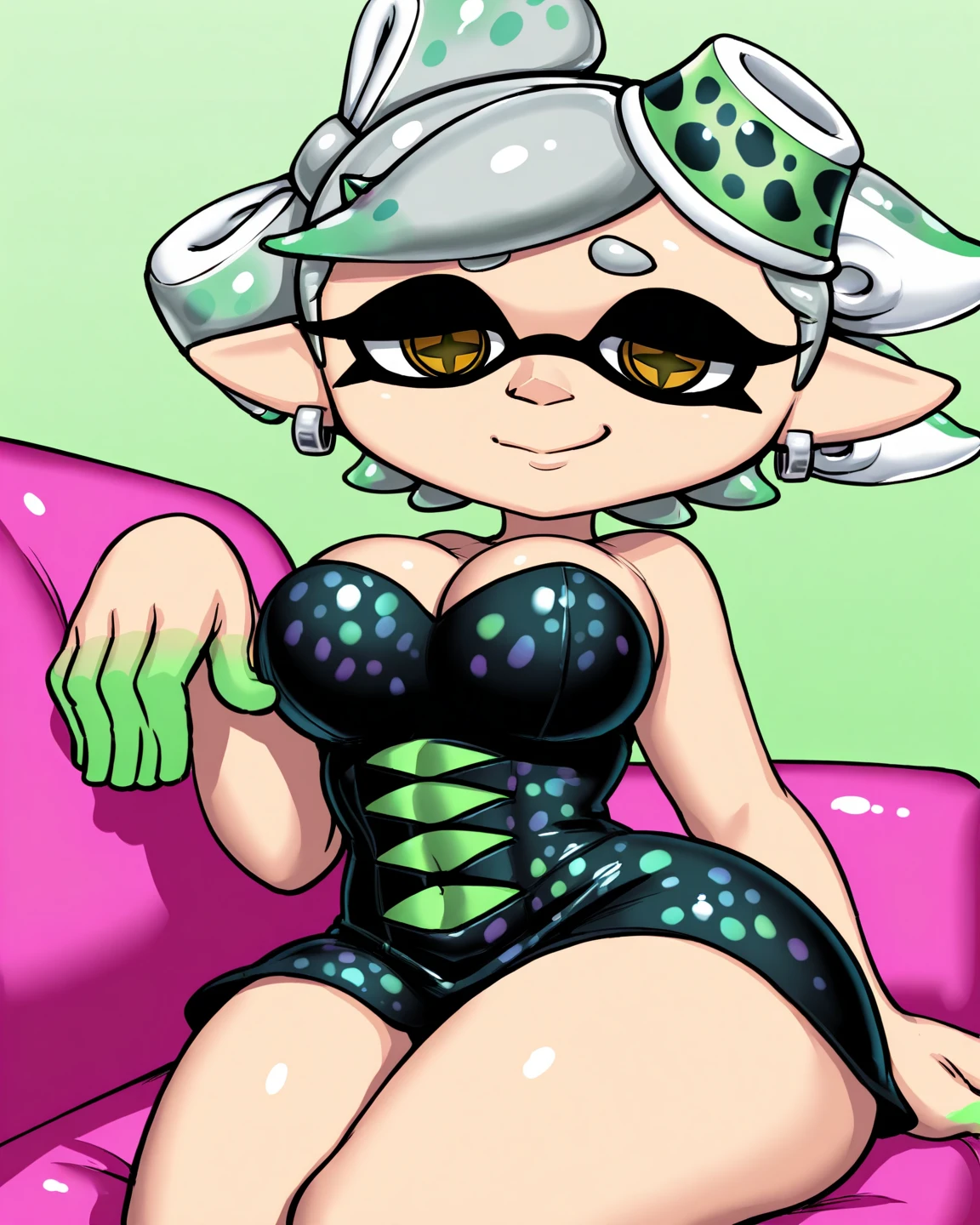 Mina ashido, big cleavage, hooker outfit, barefoot, full body, big bust, kneeling, eye contact, looking at viewer