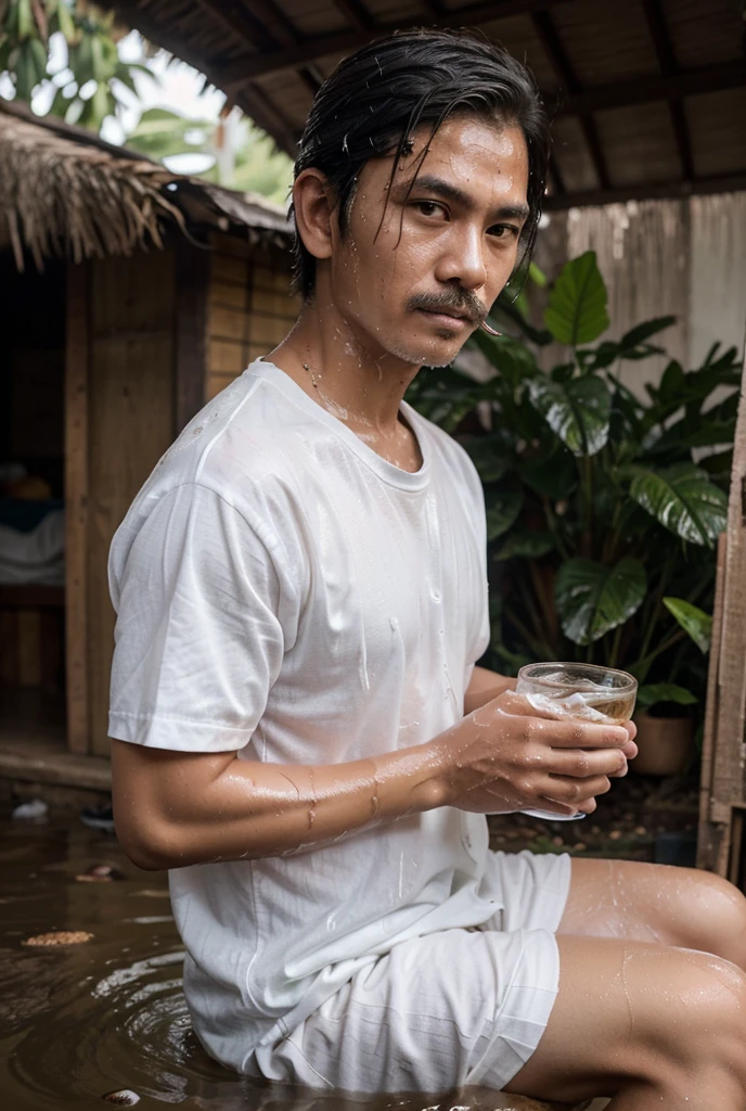 Realistic 4D caricatures of Indonesia, a man wearing a t-shirt,sarong, enjoying a cup of coffee in the rice fields