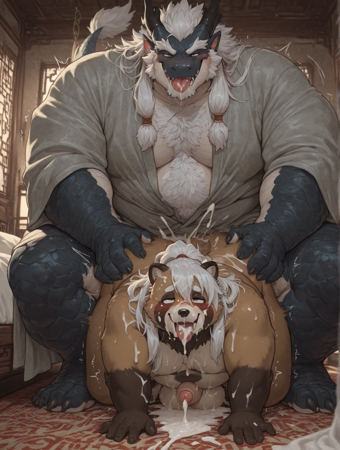 ((A young female white cat furry with white long hair)), (plump body figure),(young furry), (short height), (no breasts), white long hair, brown eyes, white fur, (a huge fat chubby male rhino furry holding female character up), a huge fat male rhino furry, erected huge penis, huge balls, male twice taller than female, smaller female, taller male, nude, in hotel room, on hotel bed, cute face, moaning, breasts feeding, breast milk