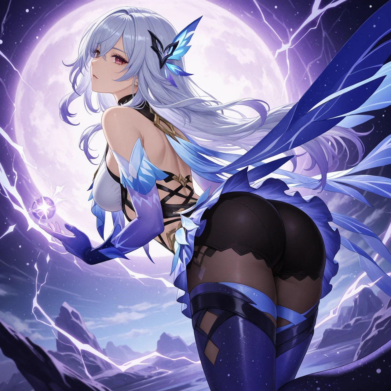 <lora:Ganyulora:1>, Ganyu, horns, 1girl, moon, night, masterpiece, best quality, 1girl, solo, long hair, breasts, bangs, gloves, bare shoulders, medium breasts, blue hair, purple eyes, pantyhose, sidelocks, parted lips, detached sleeves, horns, black gloves, black pantyhose, bell, neck bell, white sleeves