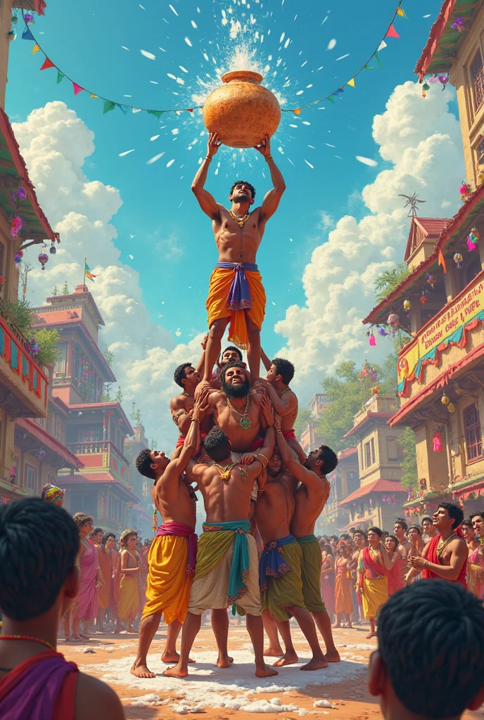 Create a vibrant and festive illustration of the Gopal Kala festival, capturing the joyful spirit of the celebration. The scene should include a group of young men forming a human pyramid, attempting to break the Dahi Handi (a pot filled with curd) suspended high above them. Surrounding them, a lively crowd of people, dressed in traditional colorful attire, is cheering and throwing flowers. The backdrop features traditional Indian architecture and a bright blue sky, with festoons and banners adding to the festive atmosphere. The overall mood should be one of joy, energy, and community celebration