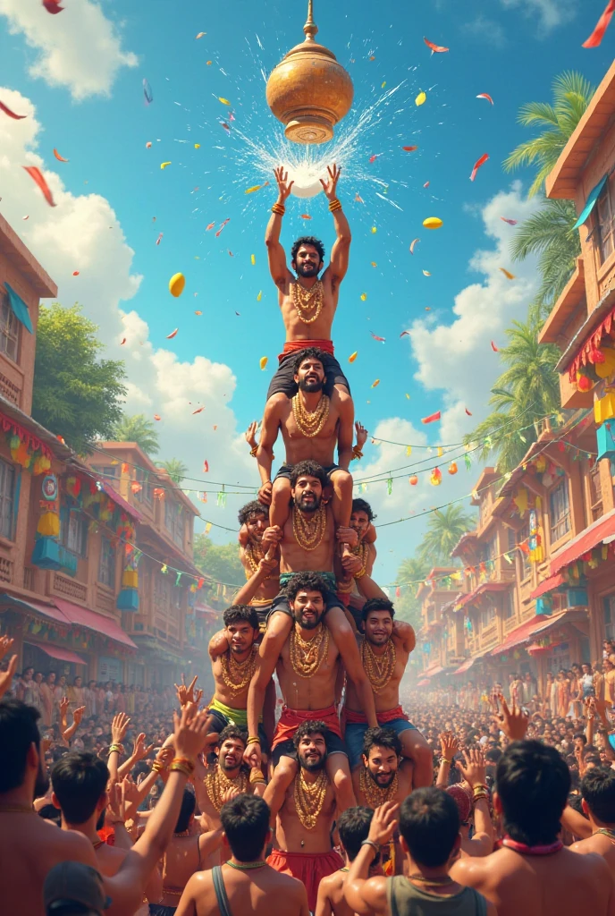 Create a lively and vibrant sketch of the Dahi Handi festival, an energetic and colorful celebration in India. The scene should depict a human pyramid of enthusiastic participants, dressed in traditional Indian attire with colorful turbans and dhotis, reaching towards a clay pot (Handi) suspended high above. The surrounding crowd, full of excitement and joy, is cheering on the participants. Traditional Indian decorations like marigold garlands, flags, and festive banners adorn the area. The backdrop should include a typical Indian street setting with buildings draped in celebratory colors, capturing the spirit of unity, teamwork, and festivity