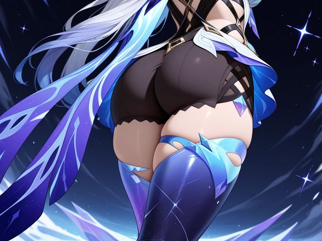 Defined woman's body, thick thighs, short underwear, short, curly hair, white with purple and blue gradient at the ends, blue eyes. She has white fox ears and tail.