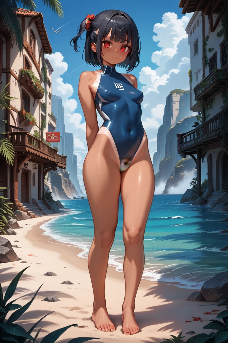 (masterpiece, best quality:1.2), cowboy shot, solo, 1girl, tatsumaki, lustful, closed mouth, looking at the viewer, ass, wide hips, t-shirt, short shorts, blue sky, clouds, erotica, groin neckline
