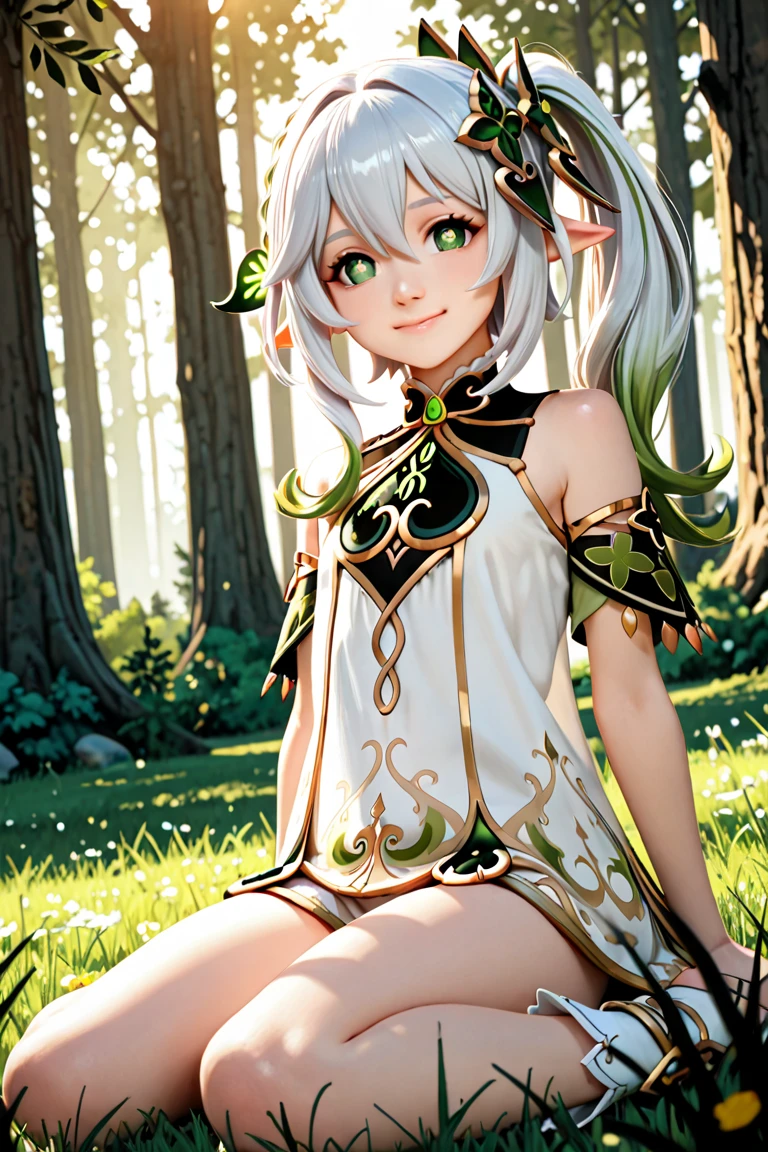 Cute, green eyes, 1 girl, sitting, white hair, (genshin impact), Naked, show pussy,